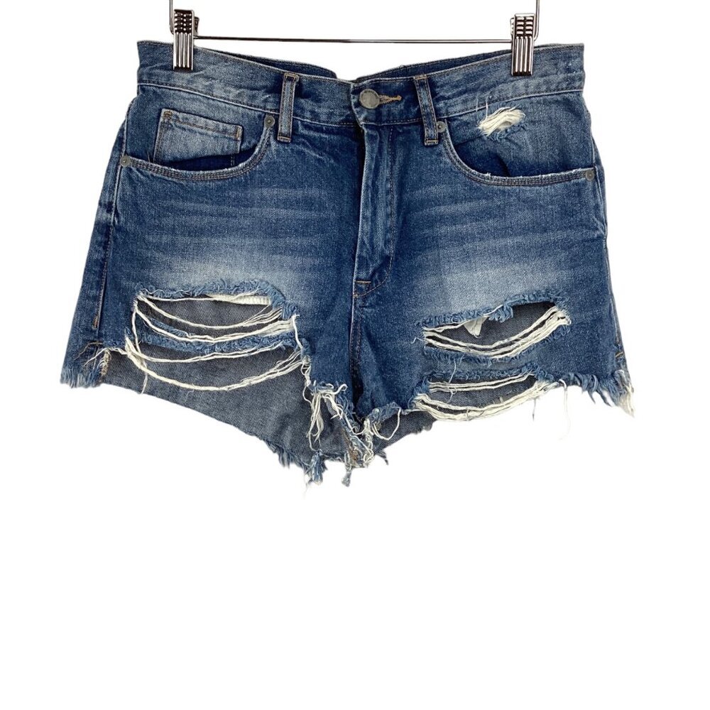 BlankNYC Hi Rise Distressed Denim Shorts Women's‎ Size 28 Raw Hem Jean Shorts